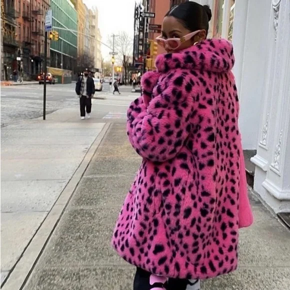 Lazy Oaf Hot Pink Faux Fur Pea Coat with Black Spot Print and Bow - Picture 1 of 9